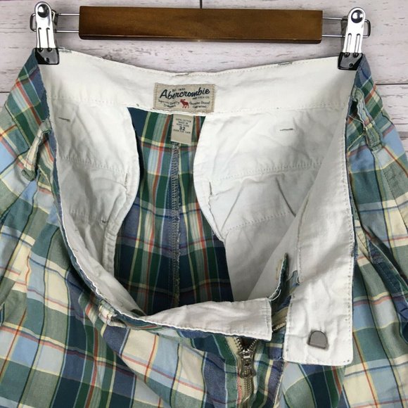 Abercrombie Fitch Mens Plaid Shorts sz 32 Blue Green Casual Flat Front Cotton - Picture 5 of 9
